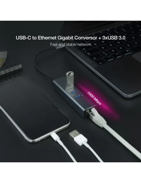 Nanocable 10.03.0408 HUB USB-C 3.0 a USB-A 3.0/RJ-45 4 Puertos 15 cm Gris
