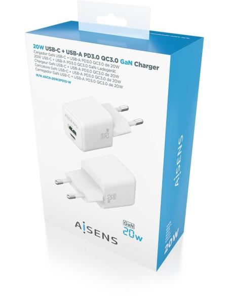 Aisens ASCH-20W2P010-W Cargador USB-A/USB-C 20W Blanco