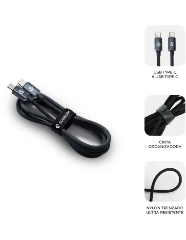 SUBBLIM Optimus 60W 2M Negro Cable USB 2.0 Tipo-C de Carga Rápida CC