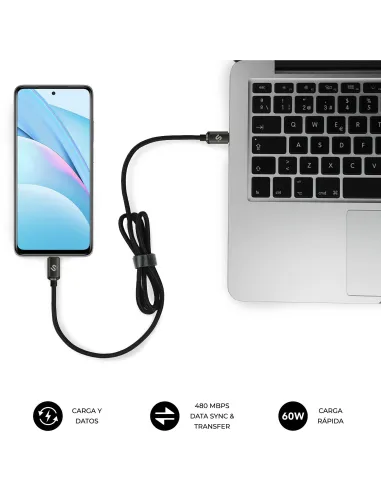 SUBBLIM Optimus 60W 2M Negro Cable USB 2.0 Tipo-C de Carga Rápida CC