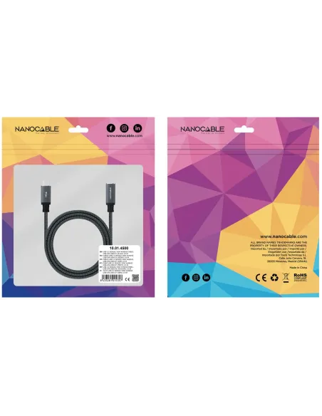 Nanocable 10.01.4500-COMB USB-C 3.2 2x2 100W 4K/60Hz Macho/Hembra 50cm Negro/Gris