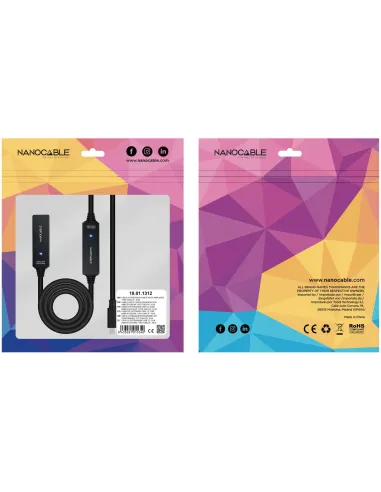 Nanocable 10.01.1312 Cable USB 3.2 Gen1 Prolongador con Amplificador USB-C a USB-C Macho/Hembra 10M Negro