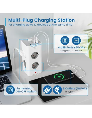 Ewent EW3864 Regleta en Bloque 8 Tomas Shucko 2x USB-A 2x USB-C 5V/3A PD/QC 3.0 Blanca