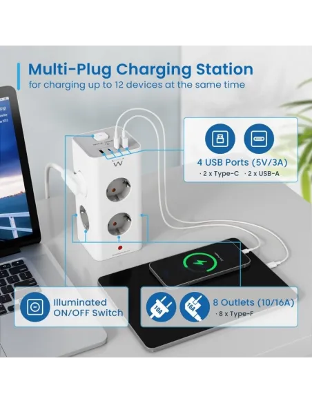 Ewent EW3864 Regleta en Bloque 8 Tomas Shucko 2x USB-A 2x USB-C 5V/3A PD/QC 3.0 Blanca