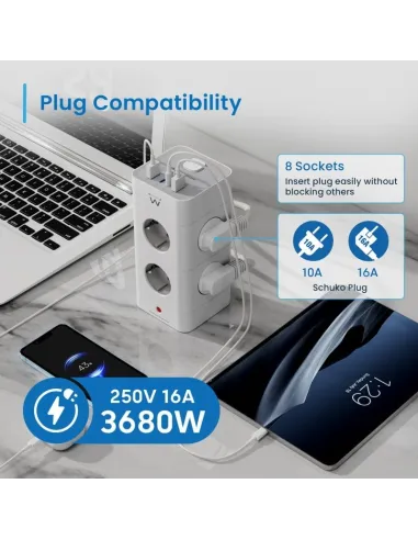 Ewent EW3864 Regleta en Bloque 8 Tomas Shucko 2x USB-A 2x USB-C 5V/3A PD/QC 3.0 Blanca