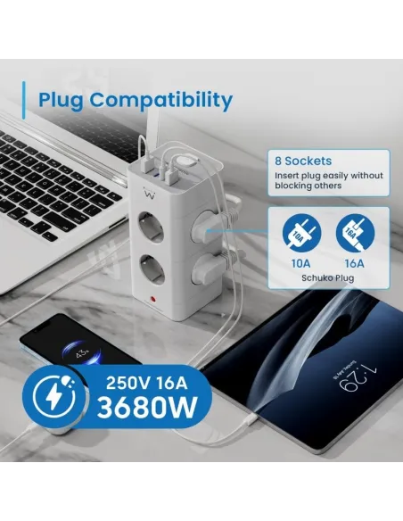 Ewent EW3864 Regleta en Bloque 8 Tomas Shucko 2x USB-A 2x USB-C 5V/3A PD/QC 3.0 Blanca