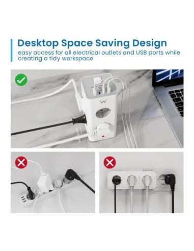 Ewent EW3864 Regleta en Bloque 8 Tomas Shucko 2x USB-A 2x USB-C 5V/3A PD/QC 3.0 Blanca