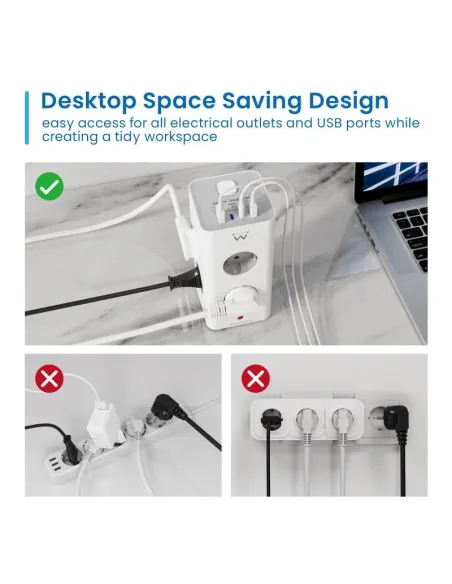 Ewent EW3864 Regleta en Bloque 8 Tomas Shucko 2x USB-A 2x USB-C 5V/3A PD/QC 3.0 Blanca