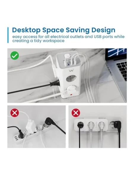 Ewent EW3864 Regleta en Bloque 8 Tomas Shucko 2x USB-A 2x USB-C 5V/3A PD/QC 3.0 Blanca