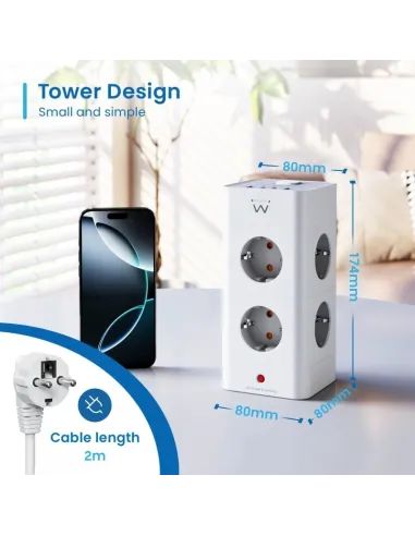 Ewent EW3864 Regleta en Bloque 8 Tomas Shucko 2x USB-A 2x USB-C 5V/3A PD/QC 3.0 Blanca