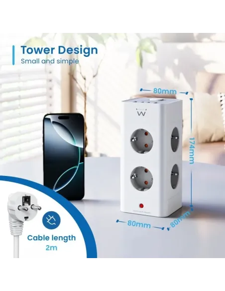 Ewent EW3864 Regleta en Bloque 8 Tomas Shucko 2x USB-A 2x USB-C 5V/3A PD/QC 3.0 Blanca