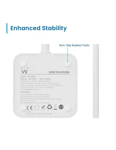 Ewent EW3864 Regleta en Bloque 8 Tomas Shucko 2x USB-A 2x USB-C 5V/3A PD/QC 3.0 Blanca