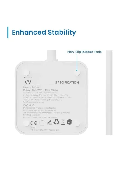 Ewent EW3864 Regleta en Bloque 8 Tomas Shucko 2x USB-A 2x USB-C 5V/3A PD/QC 3.0 Blanca