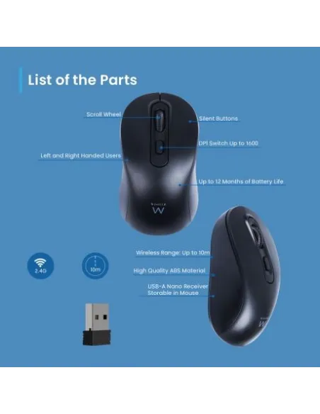 Ewent EW3218 Ratón Inalámbrico USB-A 1600 DPI y Clics Silenciosos