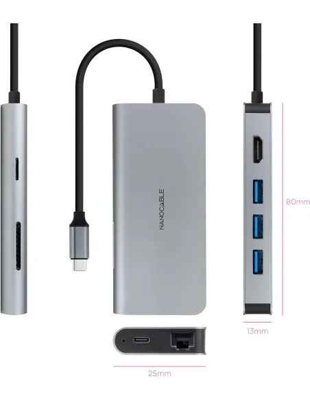 Nanocable 10.16.4609 Docking Station USB-C a USB-A/HDMI/RJ-45/USB-C Gris