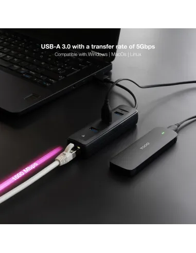 Nanocable 10.16.4604 Adaptador Ethernet USB-A a x3 USB-A/RJ-45 Negro