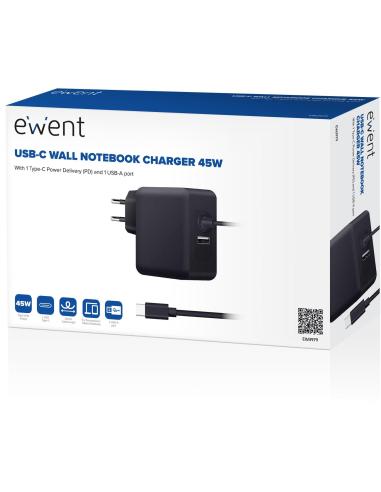 Ewent EW3979 Cargador para Portátil USB-C 45W + Puerto USB-A Negro