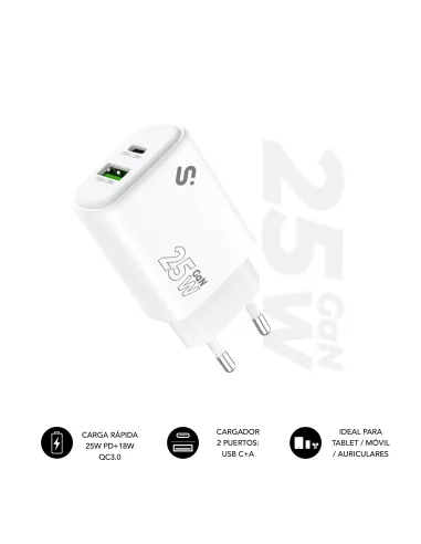Subblim SUBCHG-6G2510 Cargador USB-C/USB-A 25W Carga Rápida Blanco