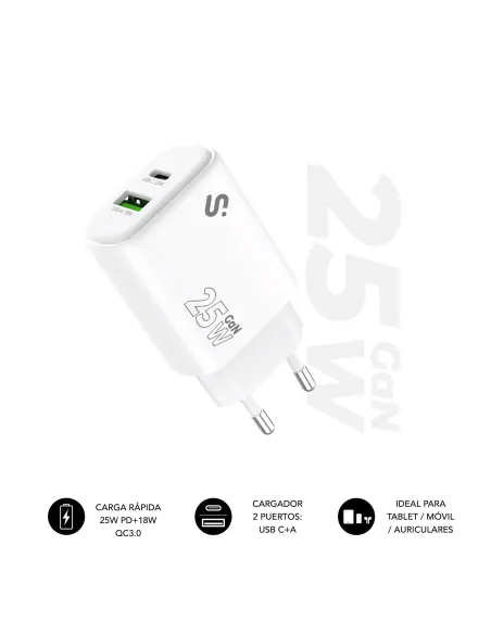 Subblim SUBCHG-6G2510 Cargador USB-C/USB-A 25W Carga Rápida Blanco