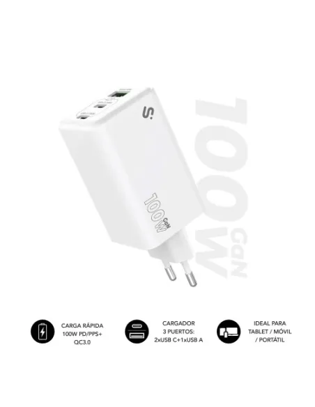 Subblim SUBCHG-6G1003 Cargador x2USB-C/USB-A 100W Carga Rápida Blanca
