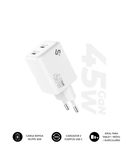 Subblim SUBCHG-6G4520 Cargador 45W x2USB-C Carga Rápida Blanco