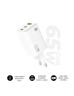 Subblim SUBCHG-6G6530 Cargador x2USB-C/USB-A 65W Carga Rápida Blanco-1400592