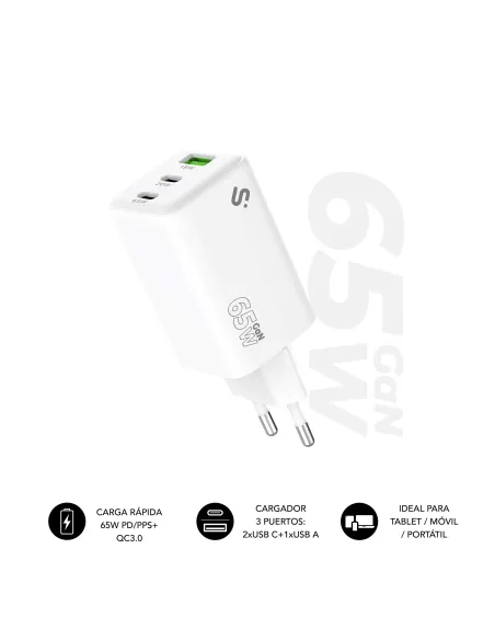 Subblim SUBCHG-6G6530 Cargador x2USB-C/USB-A 65W Carga Rápida Blanco