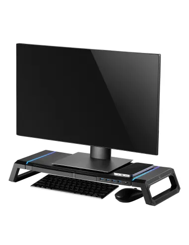 Ewent EW1268 Elevador de Monitor RGB Plegable con Cajón Soporte para Smartphone y HUB USB 3.0 de 4 Puertos