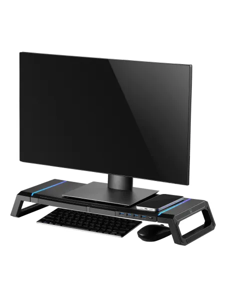 Ewent EW1268 Elevador de Monitor RGB Plegable con Cajón Soporte para Smartphone y HUB USB 3.0 de 4 Puertos