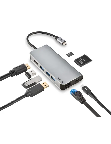 NGS Wonder Dock 8 Concentrador 8 puertos USB-C a USB-A/USB-C/HDMI/microSD/SD/RJ-45 Plata