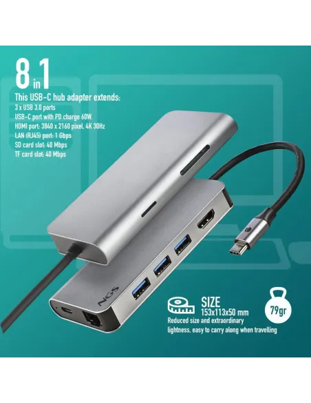 NGS Wonder Dock 8 Concentrador 8 puertos USB-C a USB-A/USB-C/HDMI/microSD/SD/RJ-45 Plata