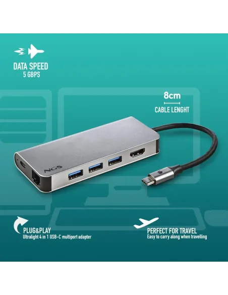NGS Wonder Dock 8 Concentrador 8 puertos USB-C a USB-A/USB-C/HDMI/microSD/SD/RJ-45 Plata