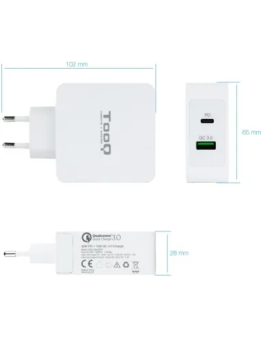 TooQ TQWC-2SC03WT Cargador de Pared Universal USB-A/USB-C 48 W Carga Rápida Blanco