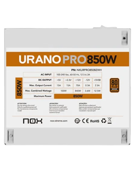 Fuente Nox Urano Pro 850W 80 Plus Bronze White