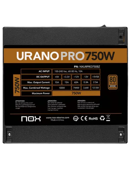 Fuente Nox Urano Pro 750W 80 Plus Bronze Negra