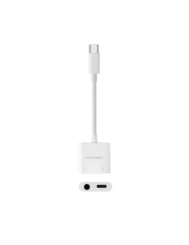 Nanocable 10.24.1206 Adaptador de Audio USB-C/M a Jack 3.5/H + USB-C/H PD 60W, 11.5 cm, Blanco