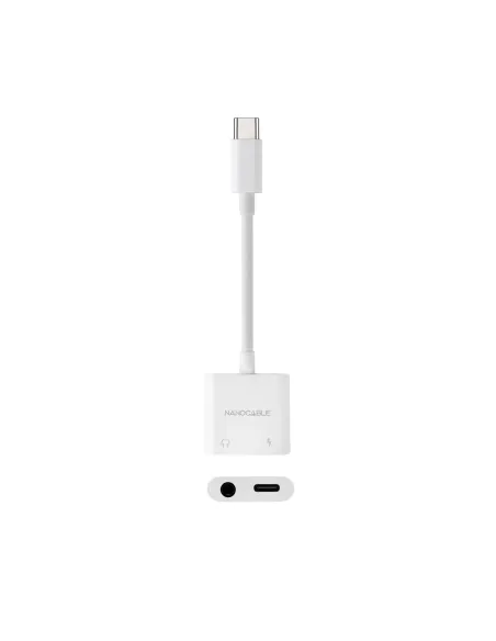 Nanocable 10.24.1206 Adaptador de Audio USB-C/M a Jack 3.5/H + USB-C/H PD 60W, 11.5 cm, Blanco