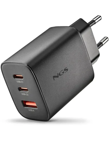 NGS ERA 65W Black Cargador de pared GaN 2xUSB-C 1xUSB-A Carga Rápida Universal
