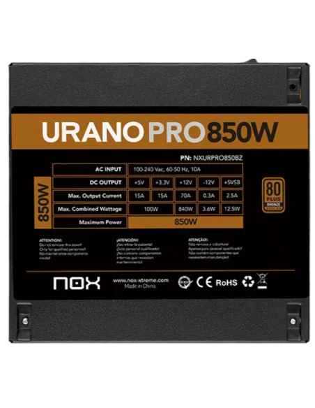 Fuente Nox Urano Pro 850W 80 Plus Bronze Negra
