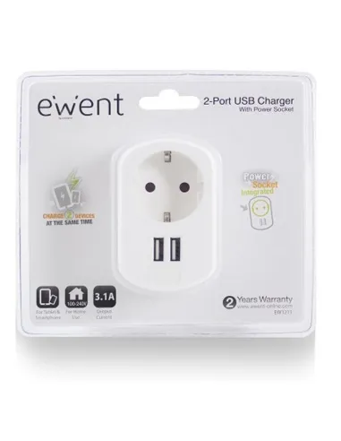 Ewent EW1211 Cargador de Pared para Móvil con 2xUSB 2.0 Blanco