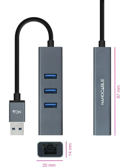 Nanocable 10.03.0407 HUB USB-A 3.0 a USB-A 3.0/RJ-45 4 Puertos 15 cm Gris