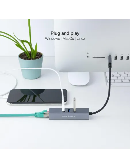 Nanocable 10.03.0407 HUB USB-A 3.0 a USB-A 3.0/RJ-45 4 Puertos 15 cm Gris