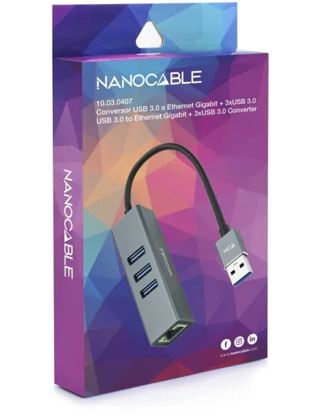 Nanocable 10.03.0407 HUB USB-A 3.0 a USB-A 3.0/RJ-45 4 Puertos 15 cm Gris