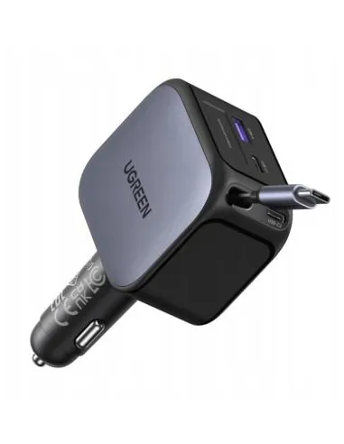 Ugreen 55910B Cargador de Coche 145W con Cable Retráctil y 2 Puertos USB-C + USB