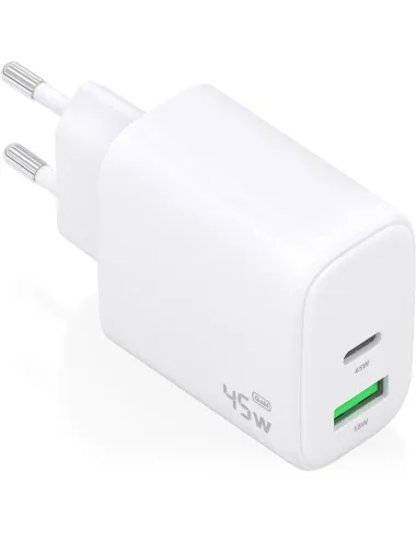 Aisens A110-0971 Cargador GaN 45W 1x USB-C PD3.0 QC4.0 1x USB-A QC3.0 Blanco