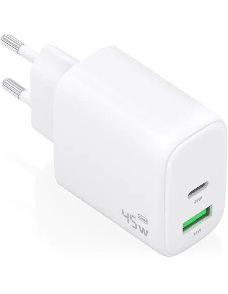 Aisens A110-0971 Cargador GaN 45W 1x USB-C PD3.0 QC4.0 1x USB-A QC3.0 Blanco