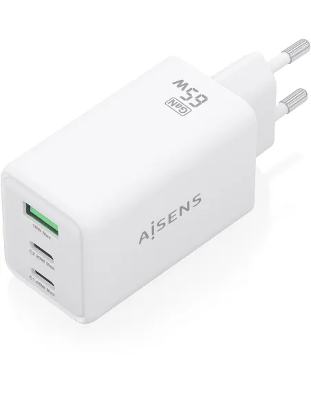 Aisens ASCH-65W3P072-BK Cargador GaN 65W  1x USB-C Cable Retráctil 1x USB-C PD3.0  1x USB-A QC3.0 Blanco