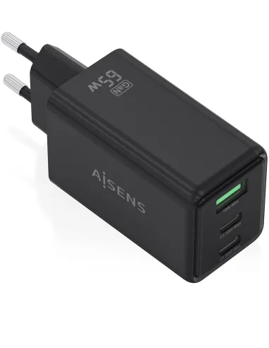 Aisens ASCH-65W3P073-BK Cargador de Pared GaN 65W  2x USB Tipo-C 1x USB Negro