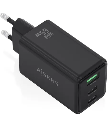 Aisens ASCH-65W3P073-BK Cargador de Pared GaN 65W  2x USB Tipo-C 1x USB Negro