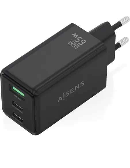 Aisens ASCH-65W3P073-BK Cargador de Pared GaN 65W  2x USB Tipo-C 1x USB Negro